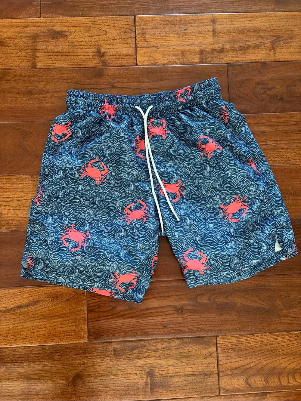 Old Navy Swim Trunks Men's Small Crabs Blue Waves Mesh Pockets Elastic Tie Waist